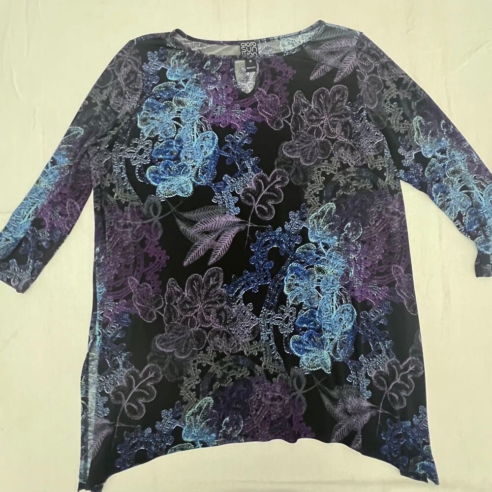 Clara Sunwoo Black Top with Blue and Purple Floral Accents
